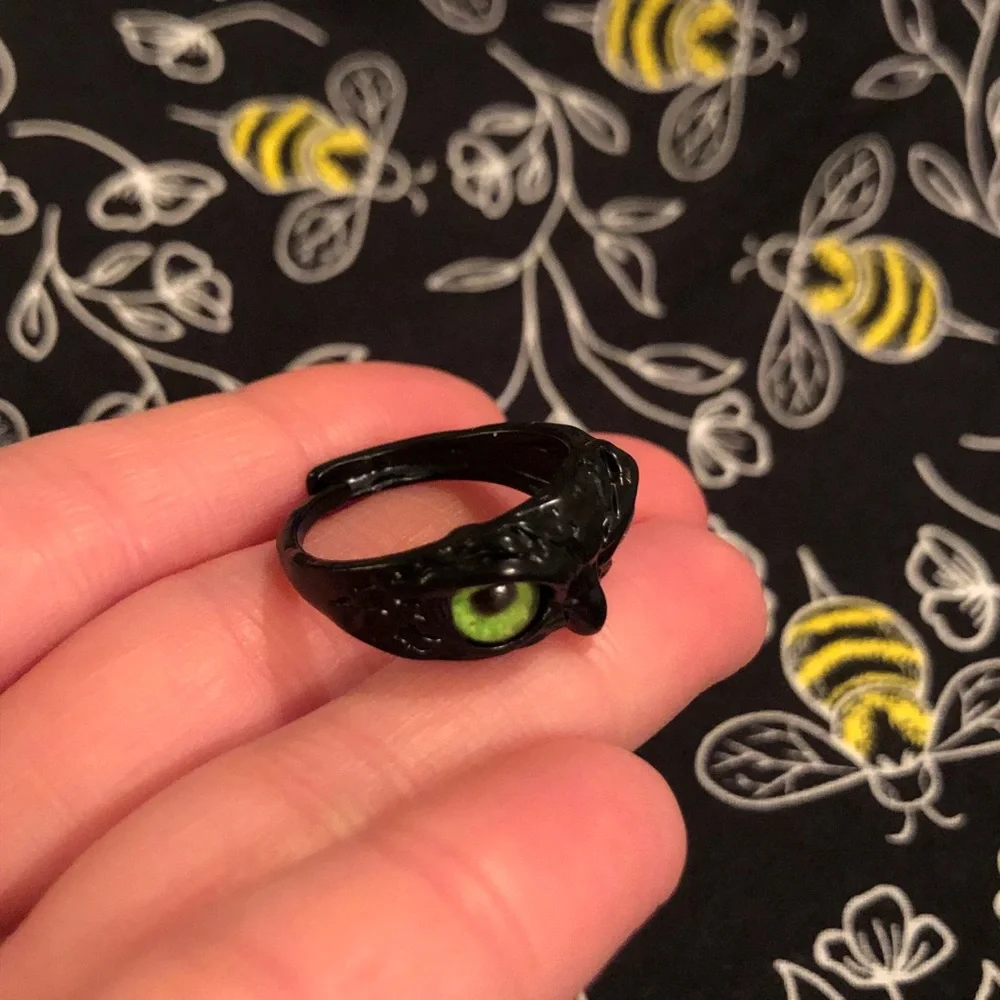 Black Owl Ring with Green Eyes